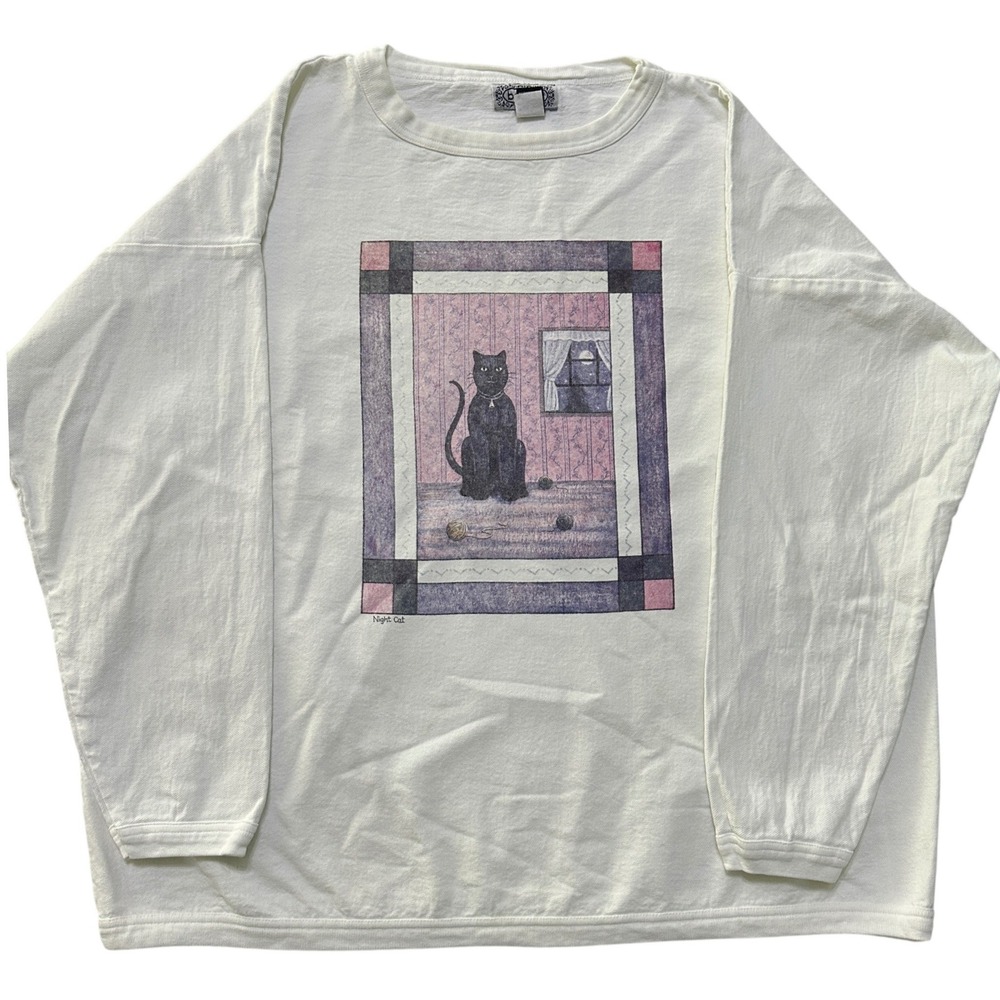 Bonjour Night Cat Graphic Crewneck Oversized Cotton T-Shirt XL VTG Made in USA